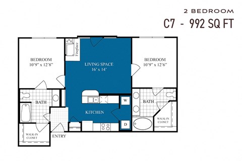 Floor plan for 2 beds, 2 baths, 992 sqft